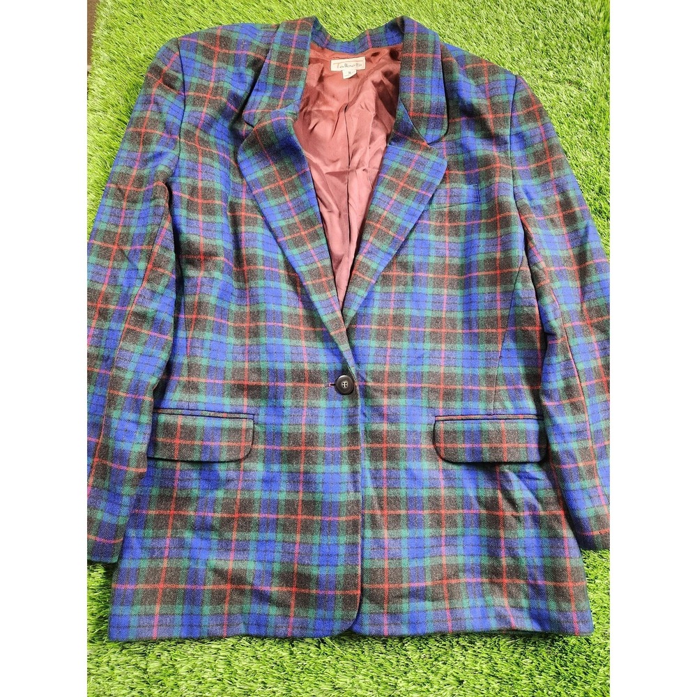 Vintage Talbots Blazer Womens 16 Multicolor Plaid One Button Notch Lapel Lined
